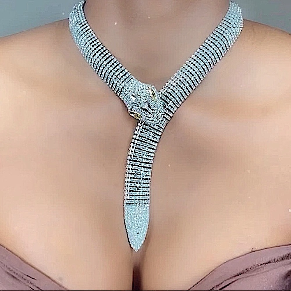 Silver Crystal Snake Serpent Rhinestone Choker Necklace